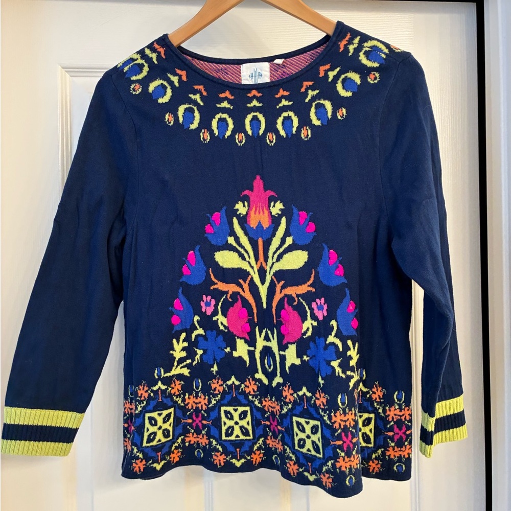 Anthropologie | HWR | Neon Floral Intarsia Pullover Knit Sweater Large Blue